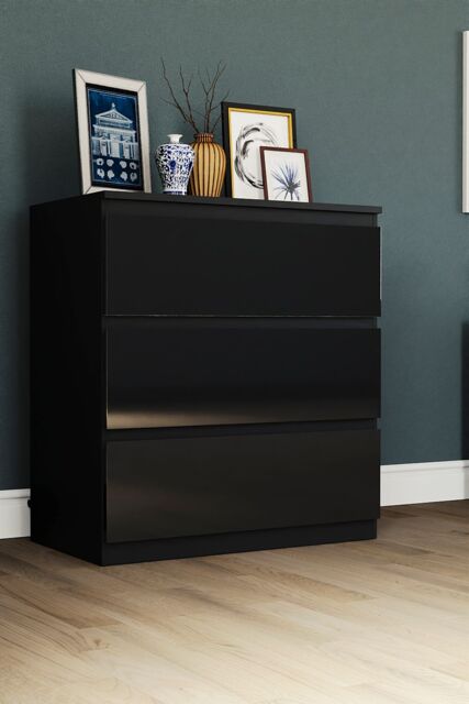 Home Discount Vida Designs Glinton 'HIGH GLOSS 3 Drawer Chest of Drawers' Storage Bedroom Furniture in Black - image 1
