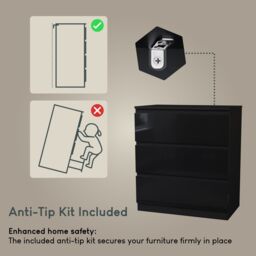 Home Discount Vida Designs Glinton 'HIGH GLOSS 3 Drawer Chest of Drawers' Storage Bedroom Furniture in Black - thumbnail 8