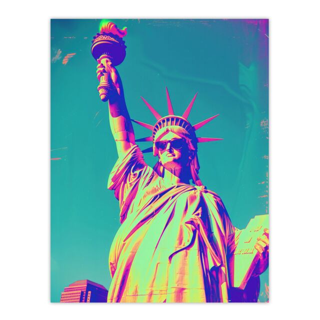 "Artery8 Wall Art Print Statue of Liberty Sunglasses Vibrant Neon Design Poster in Blue - Size: W12"" x H16""" - image 1