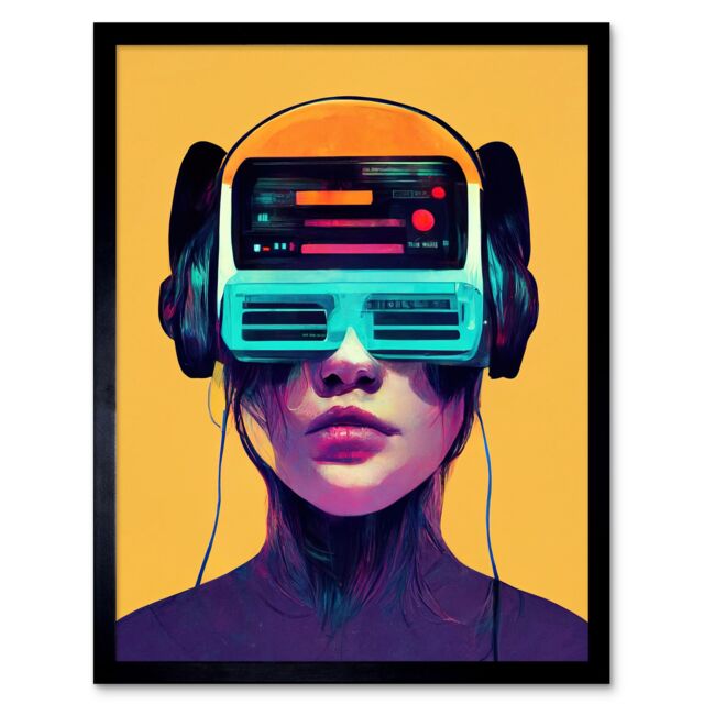 "Artery8 Wall Art Print The Gamer Streaming VR Headset Retro Futurist Kids Art Framed in Black - Size: W12"" x H16""" - image 1