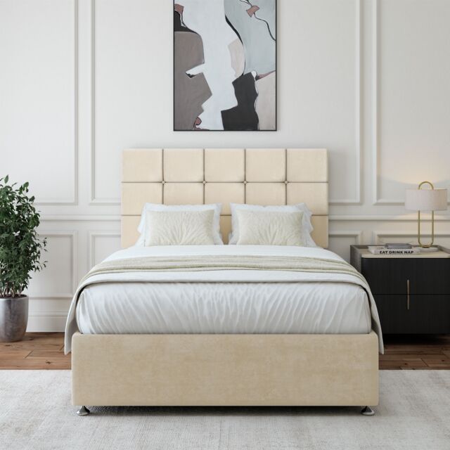 Bedmaster Luxury Velvet Divan Base & Square Headboard in Natural - Size: Double - image 1