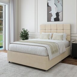 Bedmaster Luxury Velvet Divan Base & Square Headboard in Natural - Size: Double - thumbnail 2