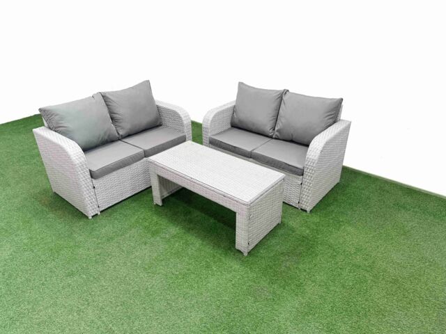 Fimous 4 Seater Outdoor Love Sofa Set Rattan Garden Furniture Set with Oblong Coffee Table Light Grey - image 1