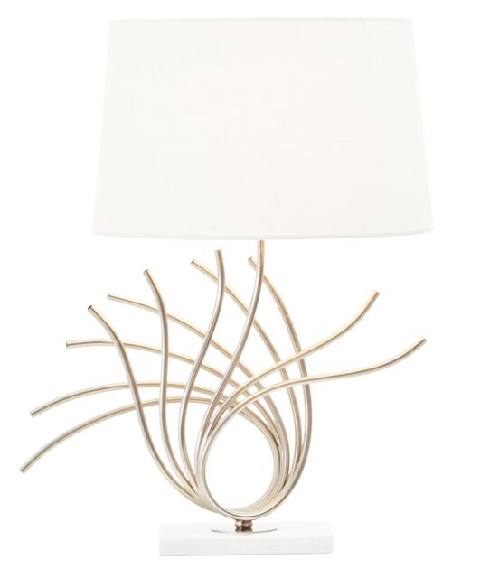 Orsina Brushed Chrome Spoke Table Lamp, Sculptural Chrome Base With White Linen Shade, Modern Decorative Table Light - image 1