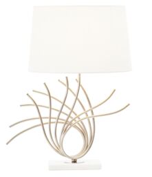 Orsina Brushed Chrome Spoke Table Lamp, Sculptural Chrome Base With White Linen Shade, Modern Decorative Table Light