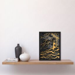 Artery8 Lighthouse Lightning Storm Gold Contrast Painting Framed Wall Art in Black - Size: A4 - thumbnail 4
