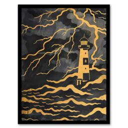 Artery8 Lighthouse Lightning Storm Gold Contrast Painting Framed Wall Art in Black - Size: A4 - thumbnail 1