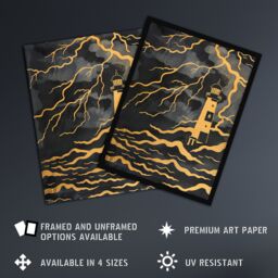 Artery8 Lighthouse Lightning Storm Gold Contrast Painting Framed Wall Art in Black - Size: A4 - thumbnail 2