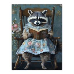 "Artery8 Raccoon Mama in Floral Dress Reading Bedtime Story Wall Art Print in Blue - Size: W24"" x H32""" - thumbnail 1