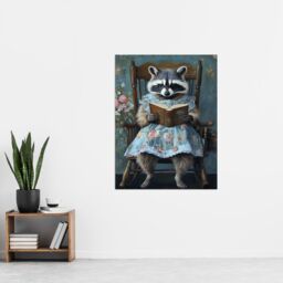 "Artery8 Raccoon Mama in Floral Dress Reading Bedtime Story Wall Art Print in Blue - Size: W24"" x H32""" - thumbnail 4
