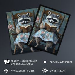 "Artery8 Raccoon Mama in Floral Dress Reading Bedtime Story Wall Art Print in Blue - Size: W24"" x H32""" - thumbnail 2