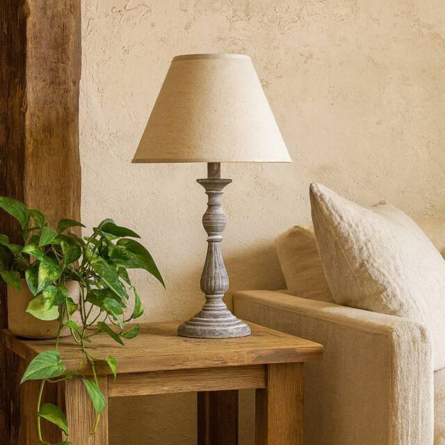 Wyld Haus Blesle Whitewashed Turned Wood Pedestal Table Lamp Cream Linen Shade in Grey - image 1