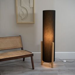 ValueLights Henry Wooden Base Midi Floor Lamp with Tall Fabric Shade in Charcoal