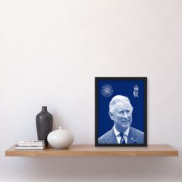 Artery8 King Charles III Coronation Royal Blue Portrait Picture with Crest & Emblem Artwork Framed Wall Art Print A4 in Black - thumbnail 2