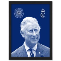 Artery8 King Charles III Coronation Royal Blue Portrait Picture with Crest & Emblem Artwork Framed Wall Art Print A4 in Black - thumbnail 1