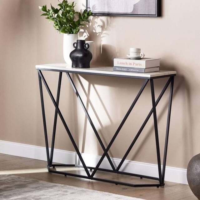 Wyld and Coco Console Table White Marble Effect Top Black Powder Coat Iron Legs - image 1