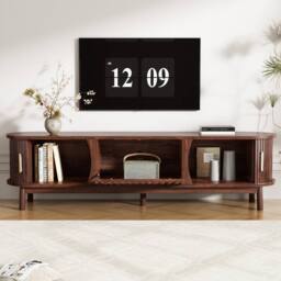 Rolipo Oval Dark Wood Slatted TV Stand For 65 Inch TV With Storage in Dark Brown - thumbnail 6