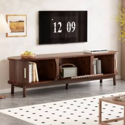 Rolipo Oval Dark Wood Slatted TV Stand For 65 Inch TV With Storage in Dark Brown - thumbnail 7