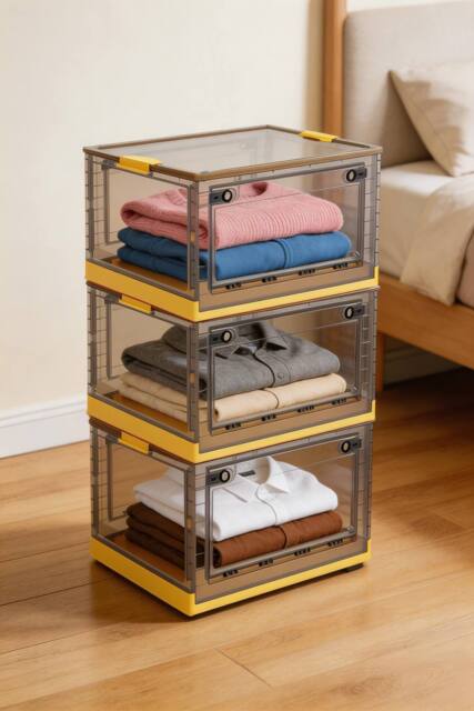 ExtraStar 3-Pack Foldable Clear Storage Boxes with Wheels & Lid in Yellow - image 1