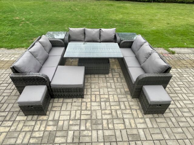 Fimous 12 Seater Garden Dining Sets Outdoor Rattan Furniture Lounge Sofa Height Adjustable Rising lifting Table in Dark Grey - image 1