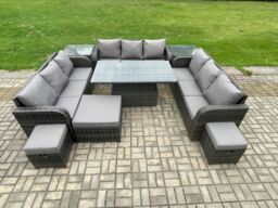 Fimous 12 Seater Garden Dining Sets Outdoor Rattan Furniture Lounge Sofa Height Adjustable Rising lifting Table in Dark Grey - thumbnail 2