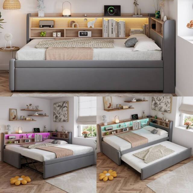 Merax 3ft Single Velvet L-Shaped Daybed with Pull-Out Trundle LED & Charging in Grey - image 1