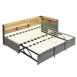 Merax 3ft Single Velvet L-Shaped Daybed with Pull-Out Trundle LED & Charging in Grey - thumbnail 8