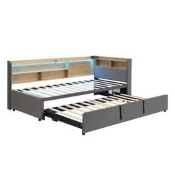 Merax 3ft Single Velvet L-Shaped Daybed with Pull-Out Trundle LED & Charging in Grey - thumbnail 9