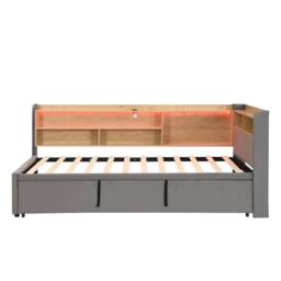 Merax 3ft Single Velvet L-Shaped Daybed with Pull-Out Trundle LED & Charging in Grey - thumbnail 6