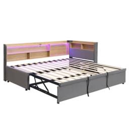 Merax 3ft Single Velvet L-Shaped Daybed with Pull-Out Trundle LED & Charging in Grey - thumbnail 7