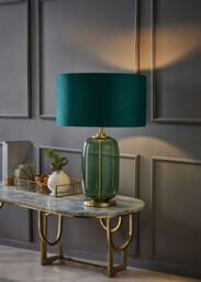 ValueLights Leigh Green Velvet Shade with Forest Green Glass & Gold Table Lamp & Bulb in Bottle Green