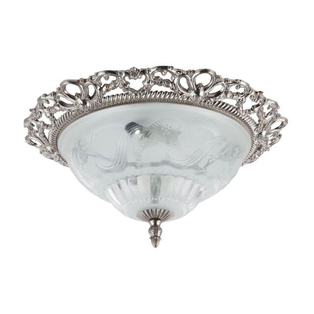 Happy Homewares Traditional & Classic Ornate Metal & Floral Glass Flush Ceiling Light Fitting in Metallic Silver - image 1