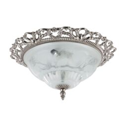 Happy Homewares Traditional & Classic Ornate Metal & Floral Glass Flush Ceiling Light Fitting in Metallic Silver