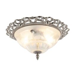 Happy Homewares Traditional & Classic Ornate Metal & Floral Glass Flush Ceiling Light Fitting in Metallic Silver - thumbnail 2