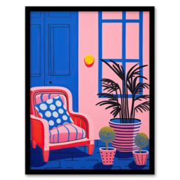 Artery8 Wall Art Print My Favourite Place Graphic Painting Pink Blue Cosy Armchair & Potted Plants Artwork Framed - Size: A4 - thumbnail 1