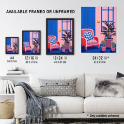Artery8 Wall Art Print My Favourite Place Graphic Painting Pink Blue Cosy Armchair & Potted Plants Artwork Framed - Size: A4 - thumbnail 3
