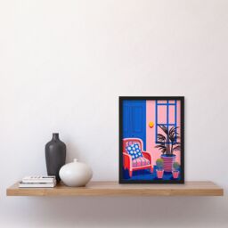 Artery8 Wall Art Print My Favourite Place Graphic Painting Pink Blue Cosy Armchair & Potted Plants Artwork Framed - Size: A4 - thumbnail 4