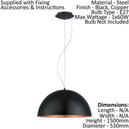 Loops Pendant Ceiling Light Black Outer Colour Copper Inner Colour Bulb E27 1x60W - thumbnail 2