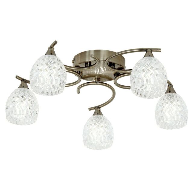 Loops Semi Flush Ceiling Light Brass Textured Glass 5 Bulb Hanging Pendant Lamp Shade in Clear - image 1