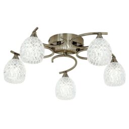 Loops Semi Flush Ceiling Light Brass Textured Glass 5 Bulb Hanging Pendant Lamp Shade in Clear - thumbnail 1
