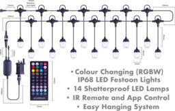 Netagon Decorative Colour Changing IP68 RGB + W APP & IR Remote Controlled 14 Lamp Festoon Light 13m - thumbnail 9