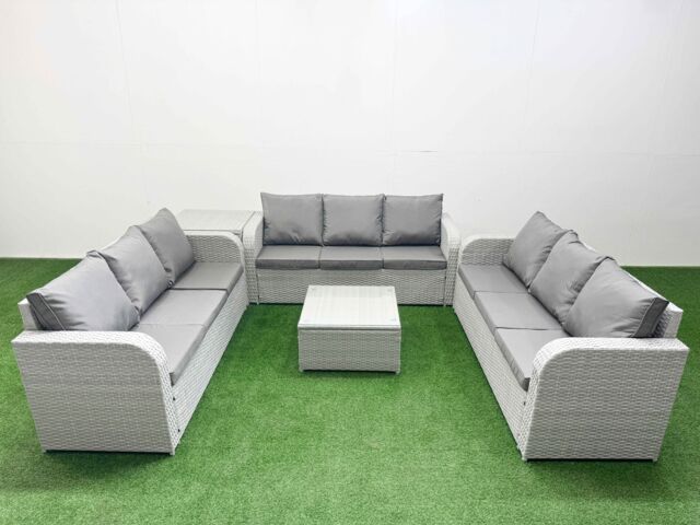 Fimous PE Rattan Lounge Sofa Set 9 Seater Outdoor Garden Furniture Set with Square Coffee Table 3 Seater Sofa Side Table Light Grey - image 1