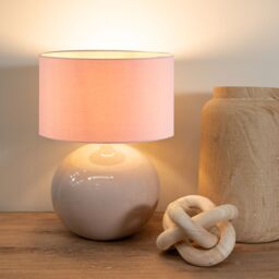 ValueLights Bosco Natural Stone Globe Ceramic Table Lamp with Fabric Lamp Shade in Pink