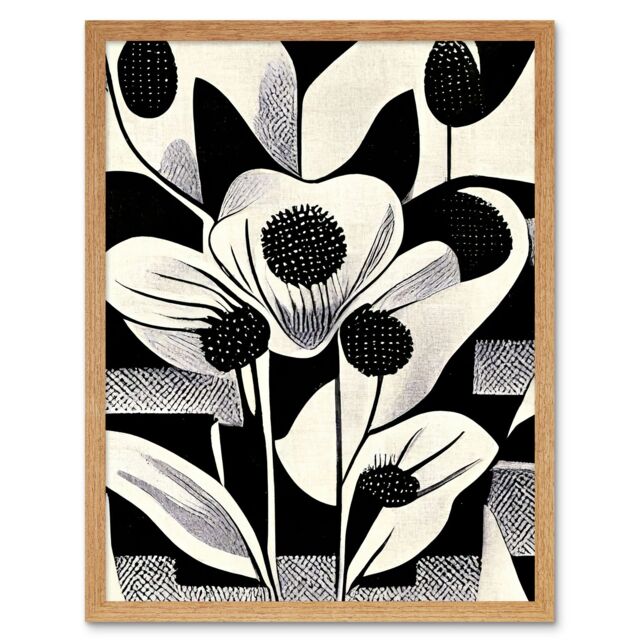 "Artery8 Wall Art Print Monochrome Black White Abstract Retro Flower Pattern Art Framed in Light Oak - Size: W12"" x H16""" - image 1