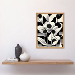"Artery8 Wall Art Print Monochrome Black White Abstract Retro Flower Pattern Art Framed in Light Oak - Size: W12"" x H16""" - thumbnail 2