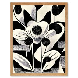 "Artery8 Wall Art Print Monochrome Black White Abstract Retro Flower Pattern Art Framed in Light Oak - Size: W12"" x H16""" - thumbnail 1