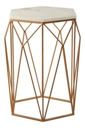 Orsina Marble Top Hexagonal Side Table, Gold Geometric Metal Frame With White Marble, Statement Modern Accent Table