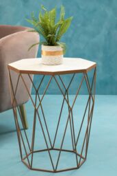 Orsina Marble Top Hexagonal Side Table, Gold Geometric Metal Frame With White Marble, Statement Modern Accent Table - thumbnail 2