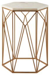 Orsina Marble Top Hexagonal Side Table, Gold Geometric Metal Frame With White Marble, Statement Modern Accent Table - thumbnail 3