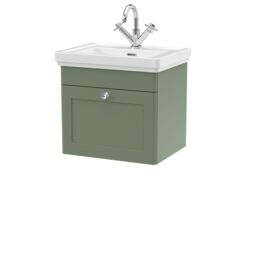 Balterley Bathroom Wall Hung 1-Drawer Vanity Unit & Fireclay Basin, Green, 500mm in Green - thumbnail 1